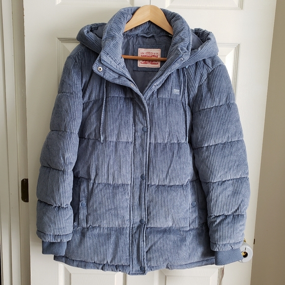 Levi's Hooded Corduroy Quilted Bubble Puffer Coat Blue Women's Size M - Picture 1 of 10